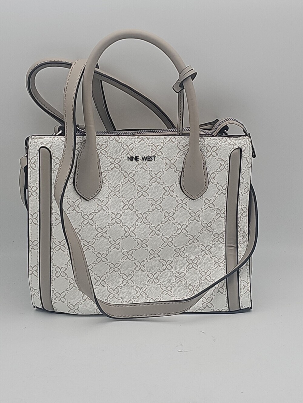 Nine West White Small Satchel Top Handle Logo Accent Magnetic, Silver, Strap